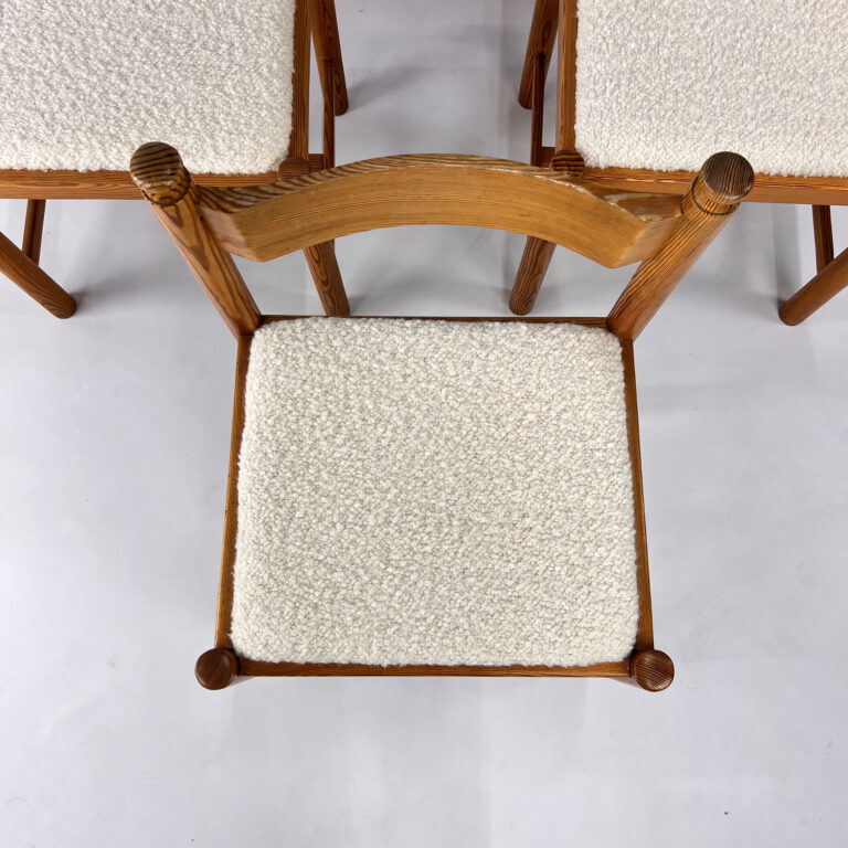 Set of 6 Pine and Boucle Rustic Dining Chairs, 1960s