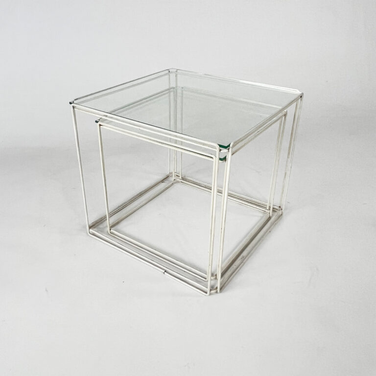 Max Sauze Isocele White and Clear Glass Nesting Tables, 1970s