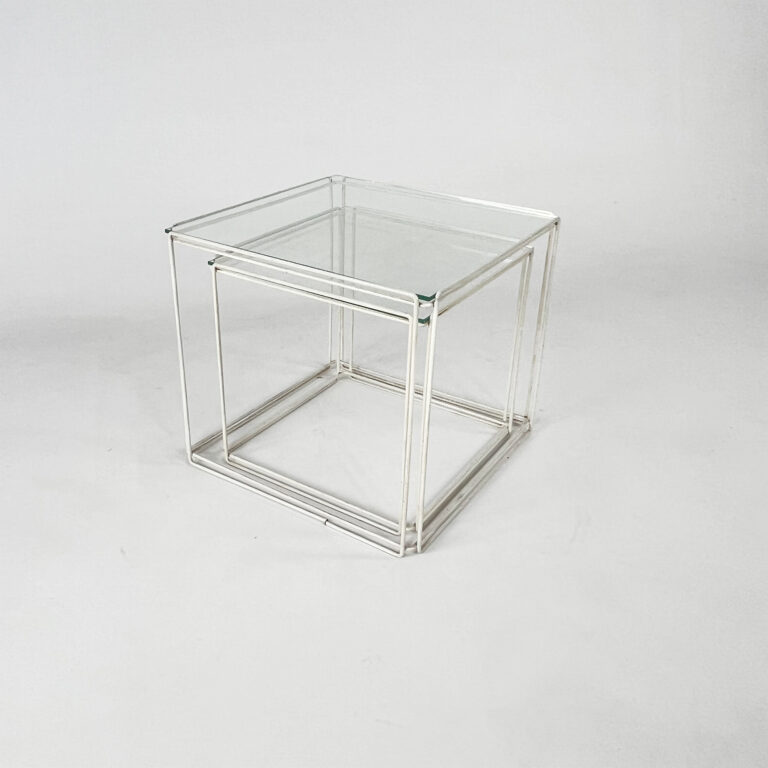 Max Sauze Isocele White and Clear Glass Nesting Tables, 1970s