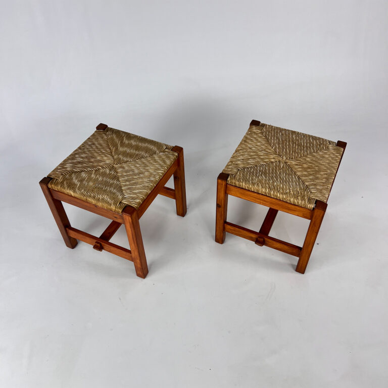 Set of 2 Pine and Rush Stools, 1960s