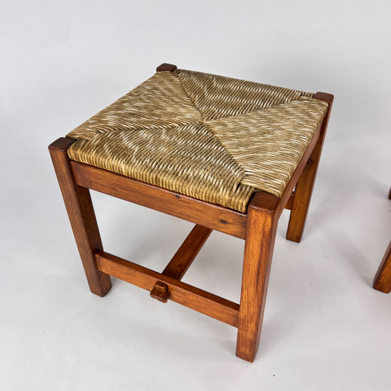 Set of 2 Pine and Rush Stools, 1960s