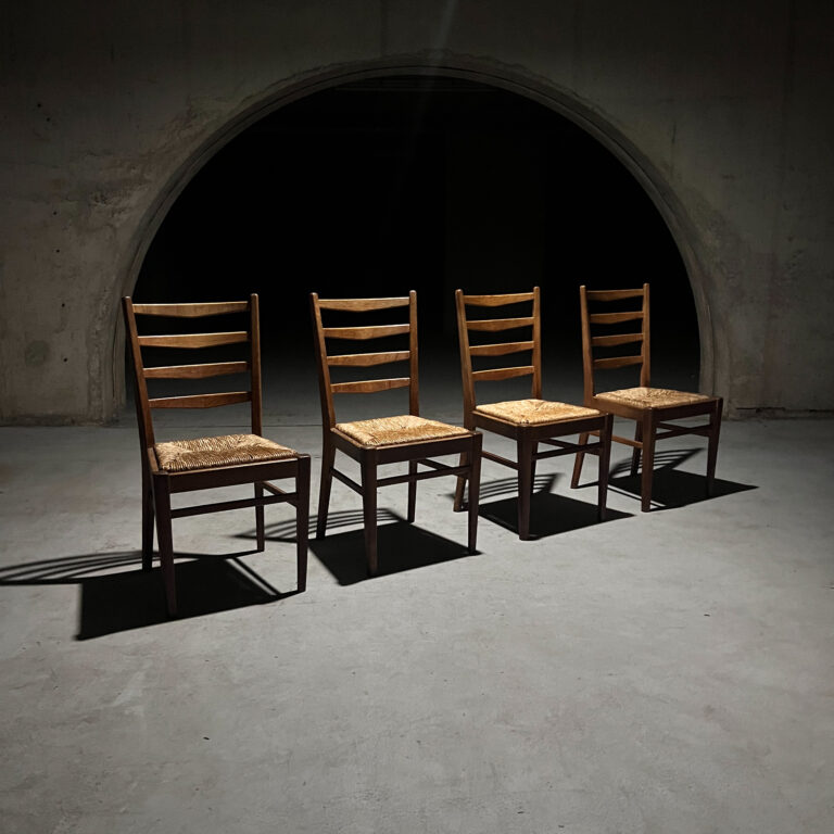 Set of 4 Dutch Oak and Rush Dining Chairs, 1950s