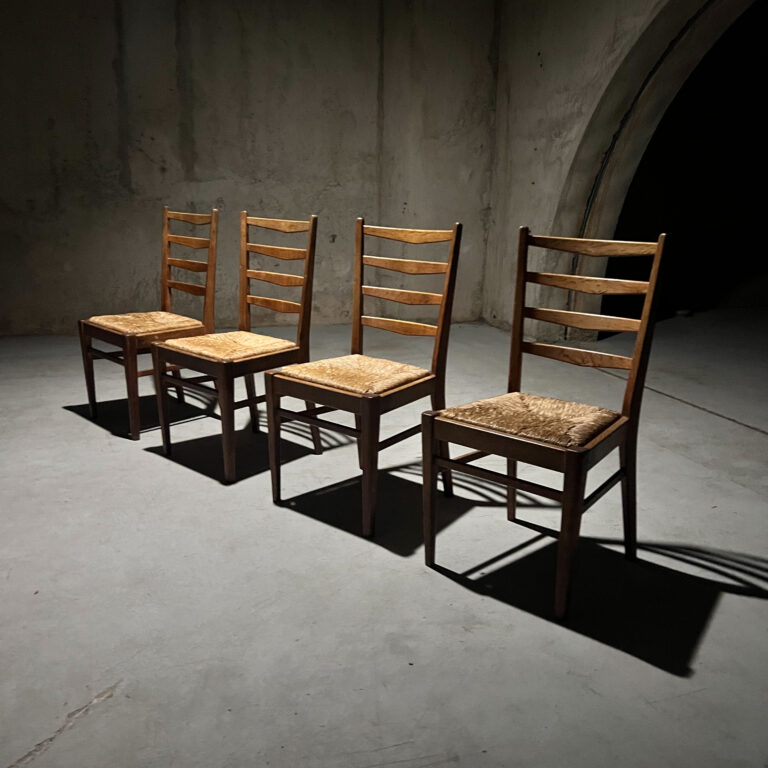 Set of 4 Dutch Oak and Rush Dining Chairs, 1950s