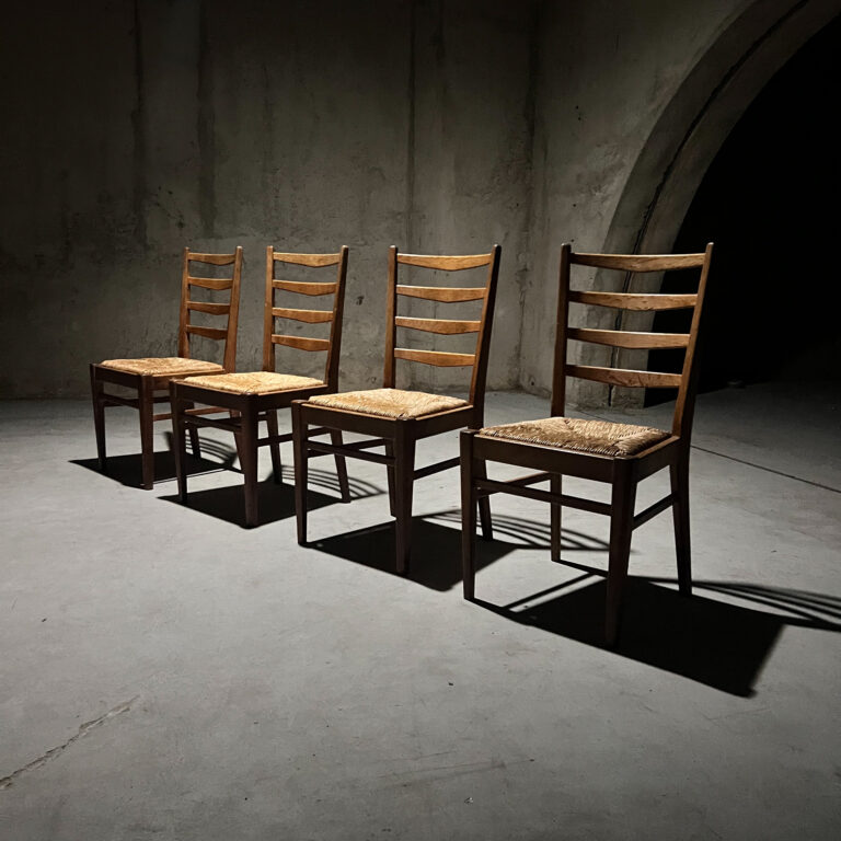 Set of 4 Dutch Oak and Rush Dining Chairs, 1950s