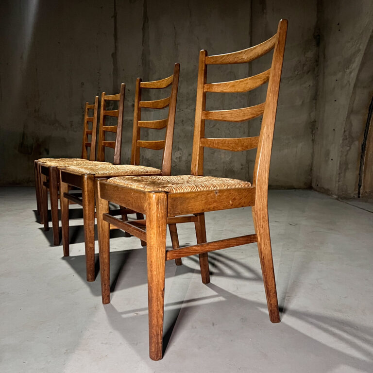 Set of 4 Dutch Oak and Rush Dining Chairs, 1950s