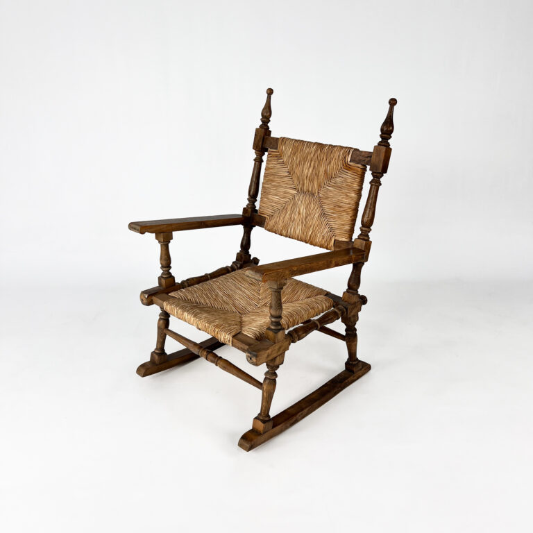 French Antique Oak and Rush Rocking Chair, 1900s