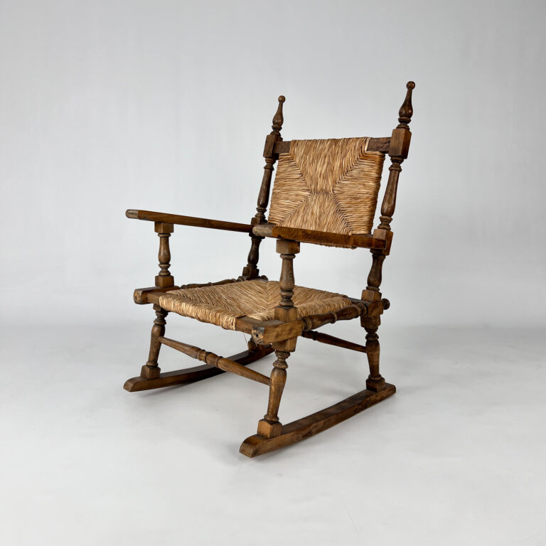 French Antique Oak and Rush Rocking Chair, 1900s