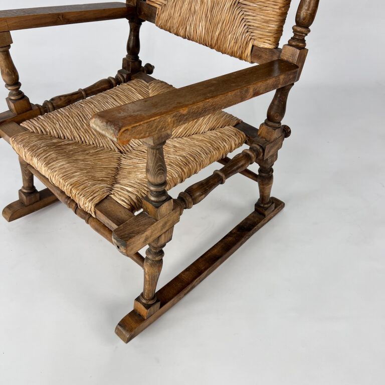 French Antique Oak and Rush Rocking Chair, 1900s