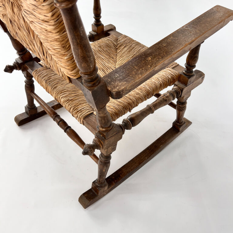 French Antique Oak and Rush Rocking Chair, 1900s