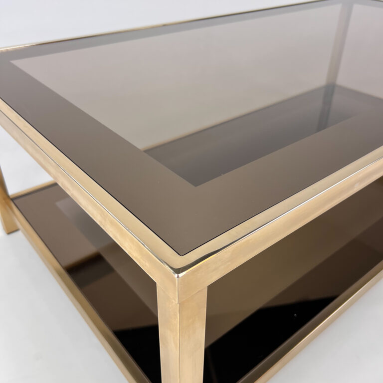 Brass and Mirrored Smoked Glass Belgo Chrome Coffee Table, 1970s