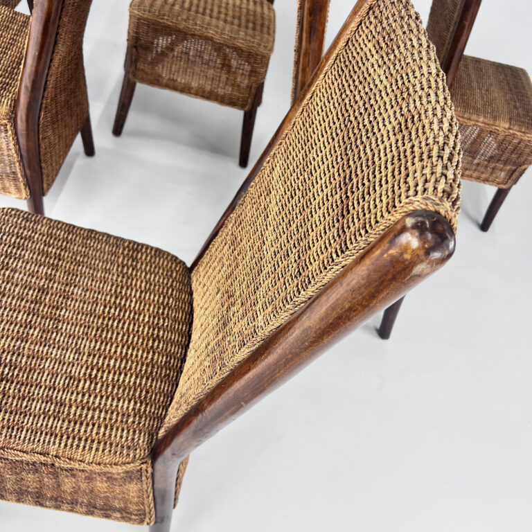 Set of 6 French Rope and Wood Dining Chairs, France, 1970s