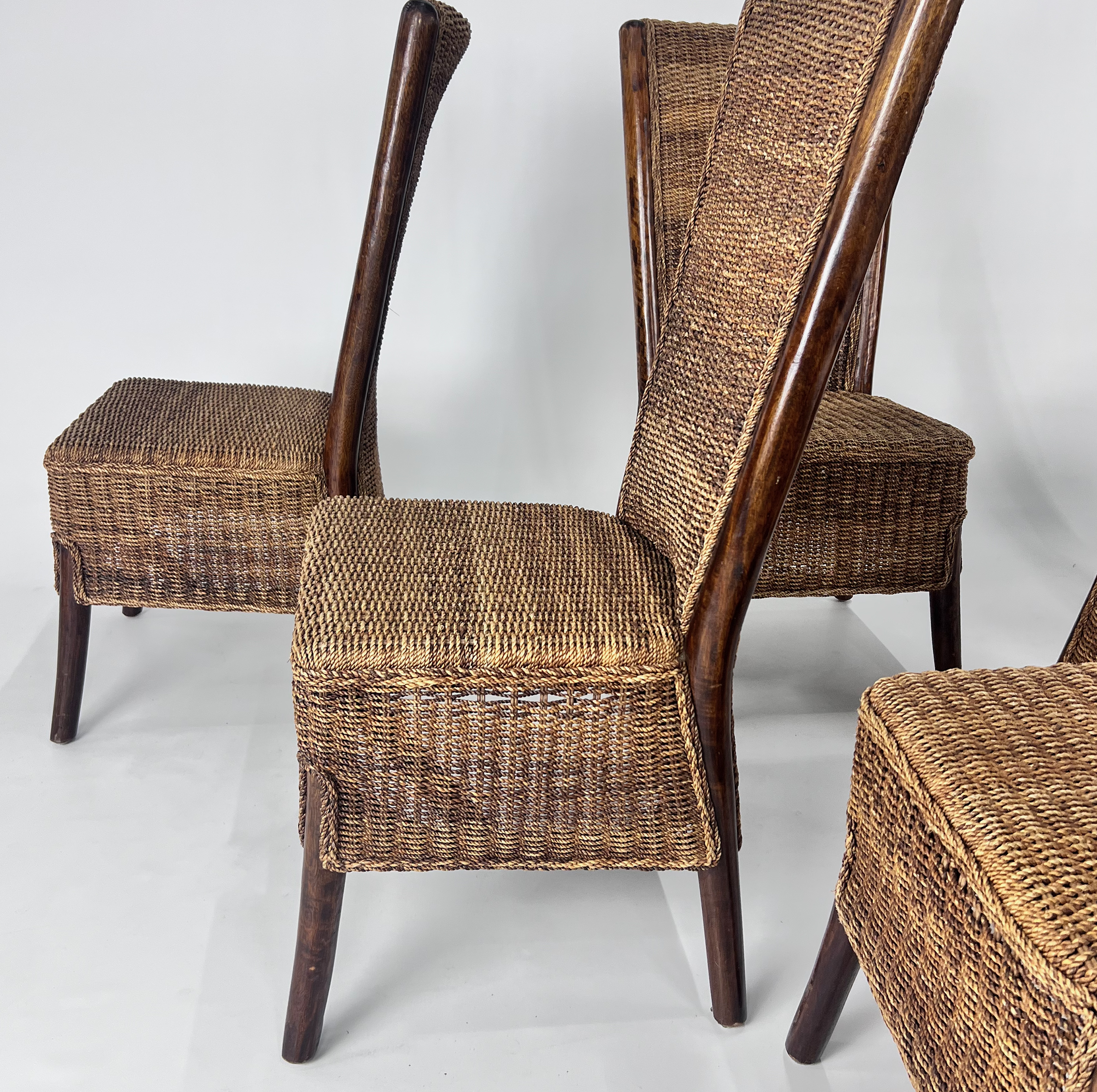 Set of 6 French Rope and Wood Dining Chairs, France, 1970s