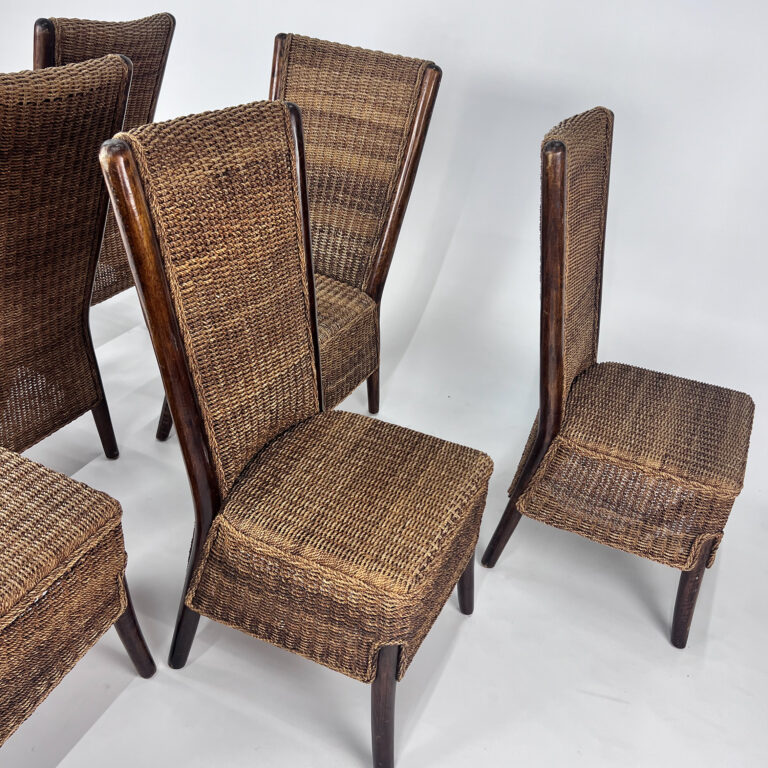 Set of 6 French Rope and Wood Dining Chairs, France, 1970s