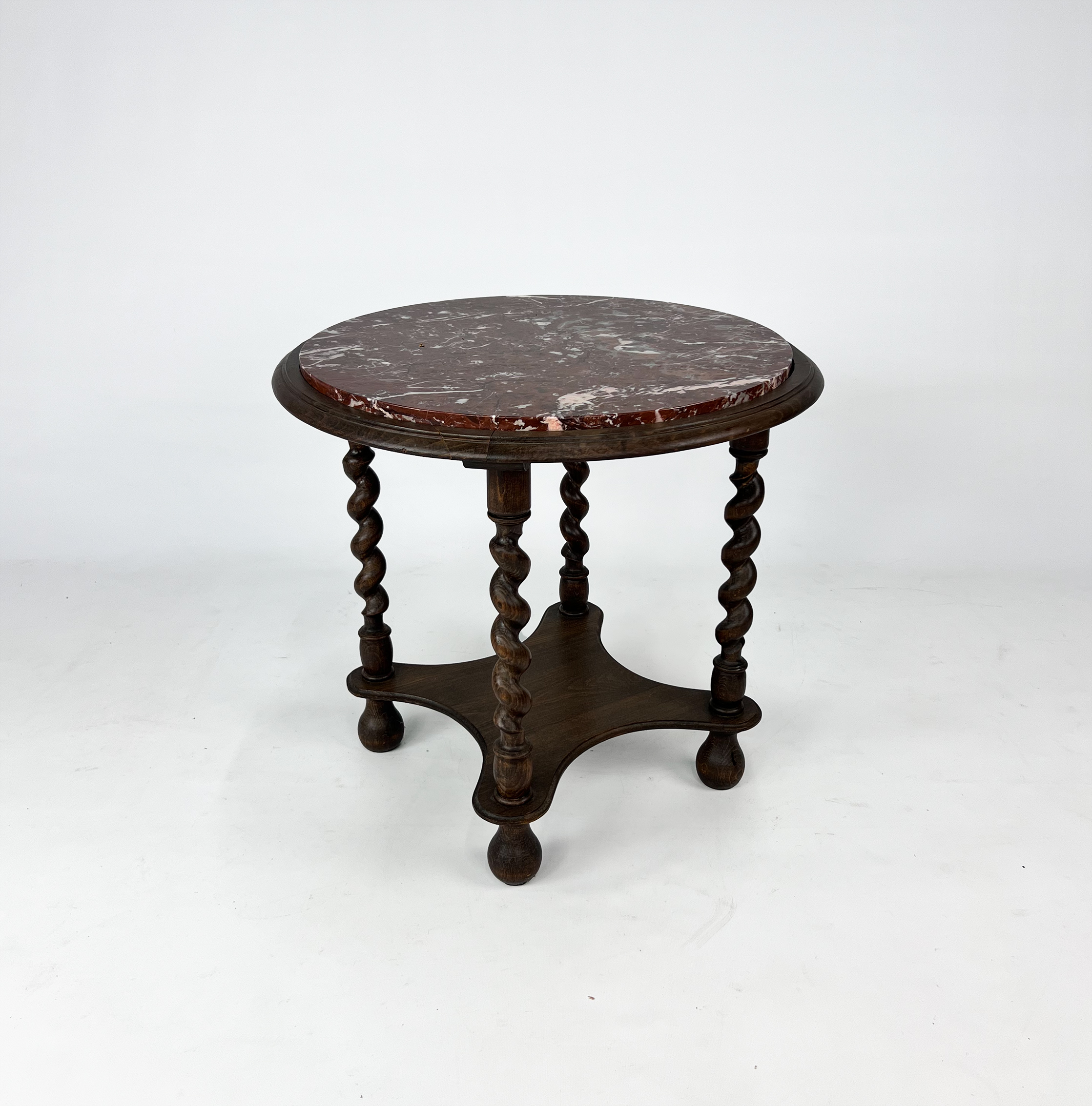 Antique Side Table with Twisted Legs and Marble Top, 1930s