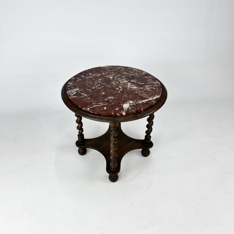 Antique Side Table with Twisted Legs and Marble Top, 1930s