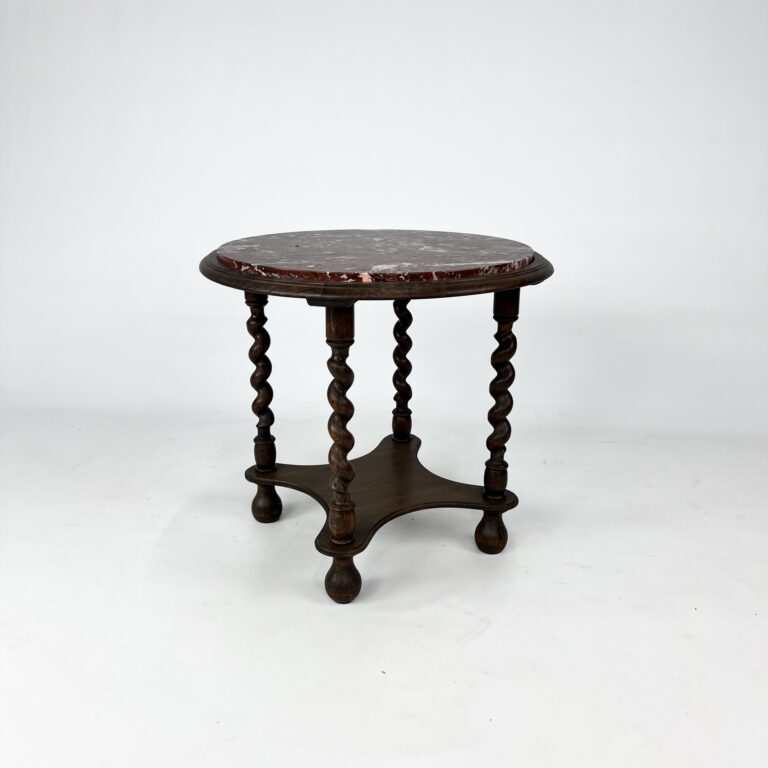 Antique Side Table with Twisted Legs and Marble Top, 1930s